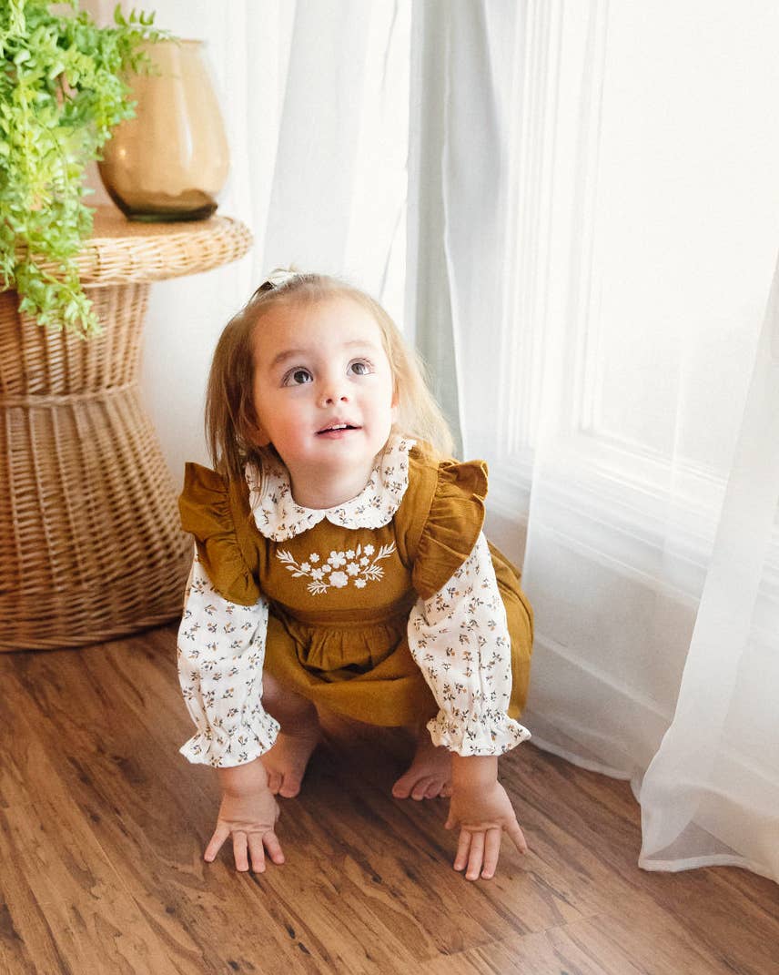 Corduroy Pinafore Baby Dress + Floral Shirt SET (Organic): Mustard