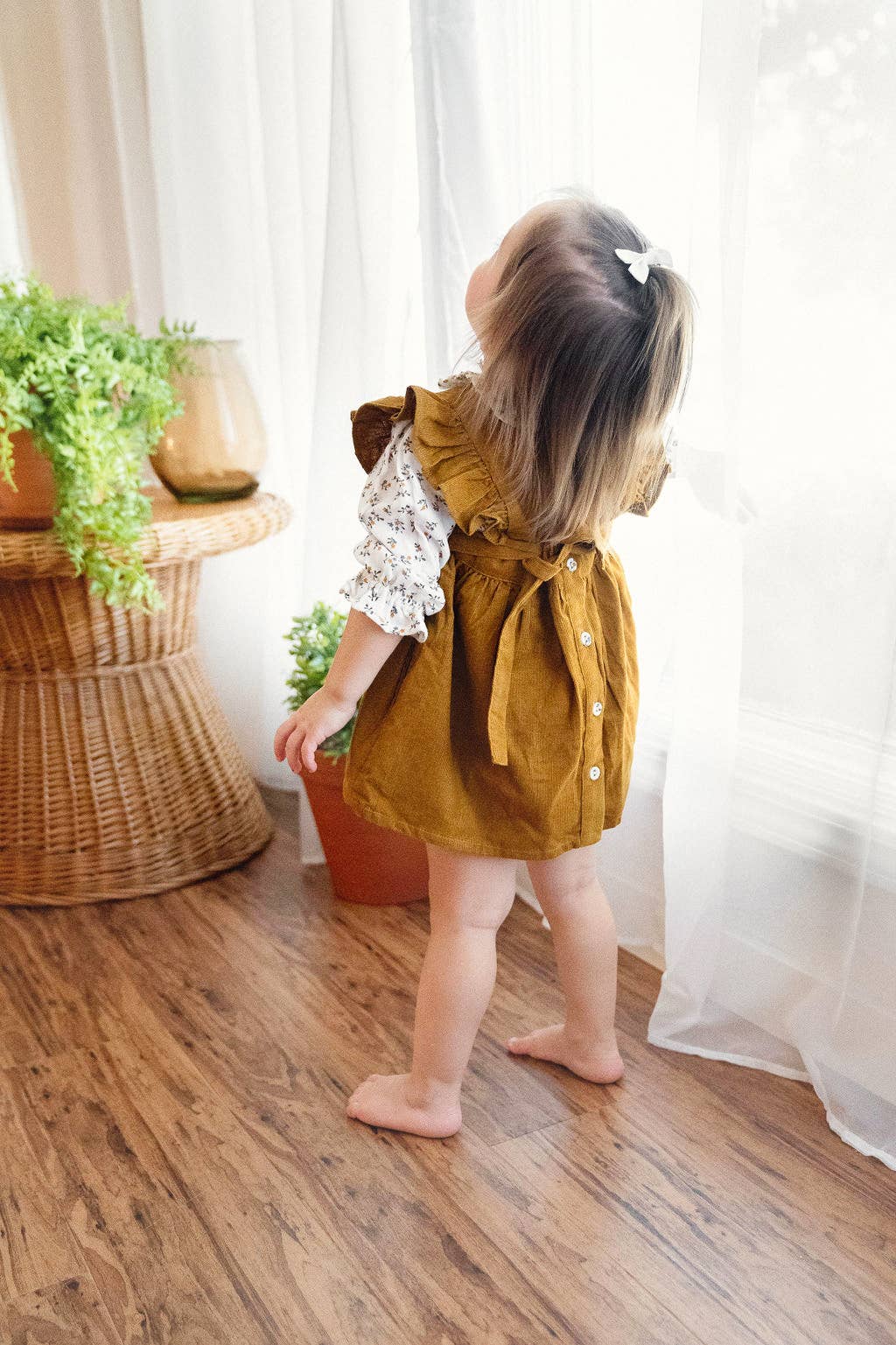 Corduroy Pinafore Baby Dress + Floral Shirt SET (Organic): Mustard