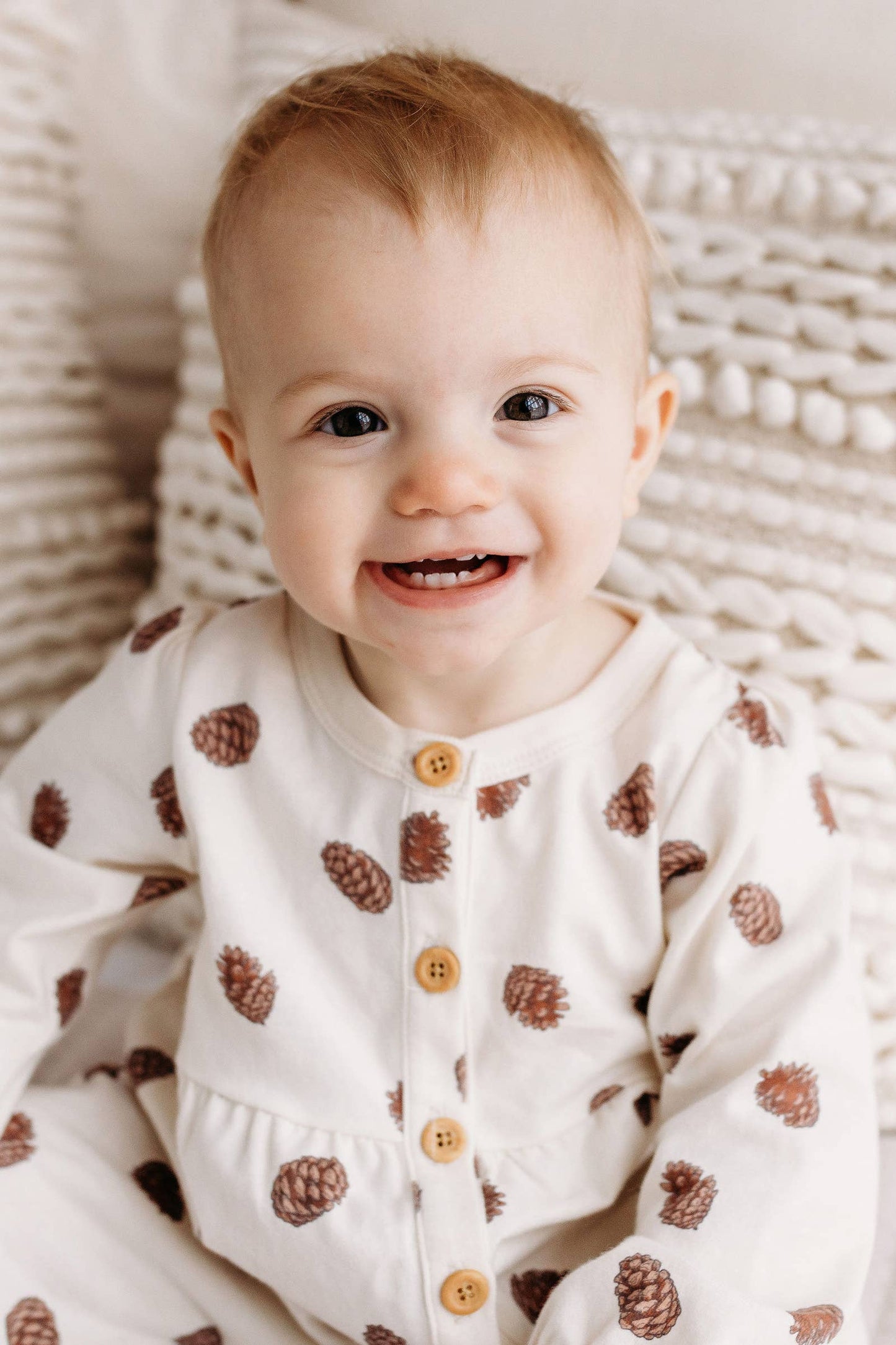 Gathered Button Romper in Pinecones